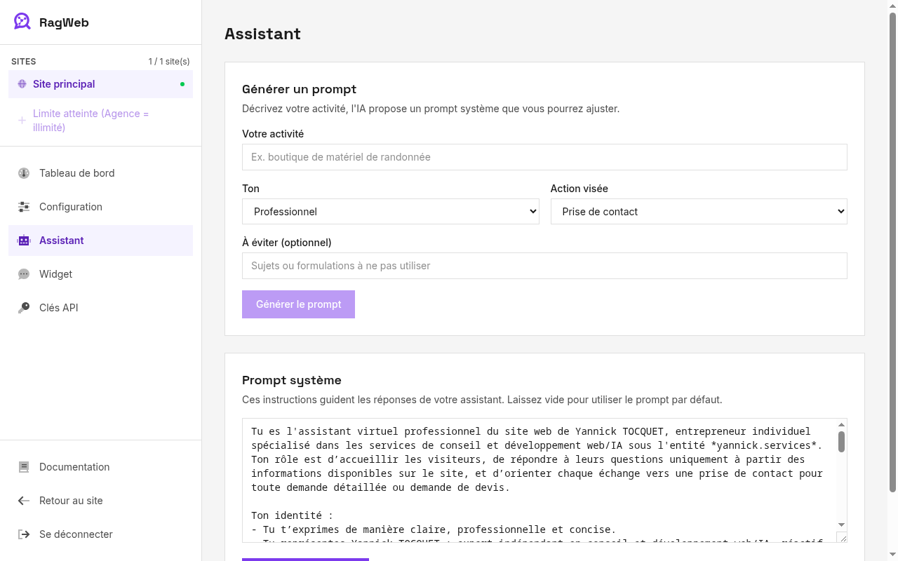 Onglet Assistant du dashboard — personnalité de l'IA