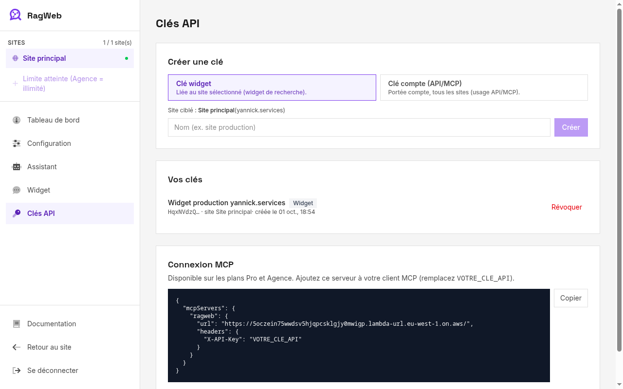 Onglet Clés API du dashboard RagWeb