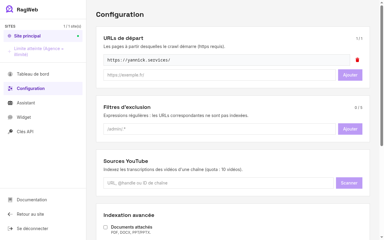 Onglet Configuration du dashboard RagWeb