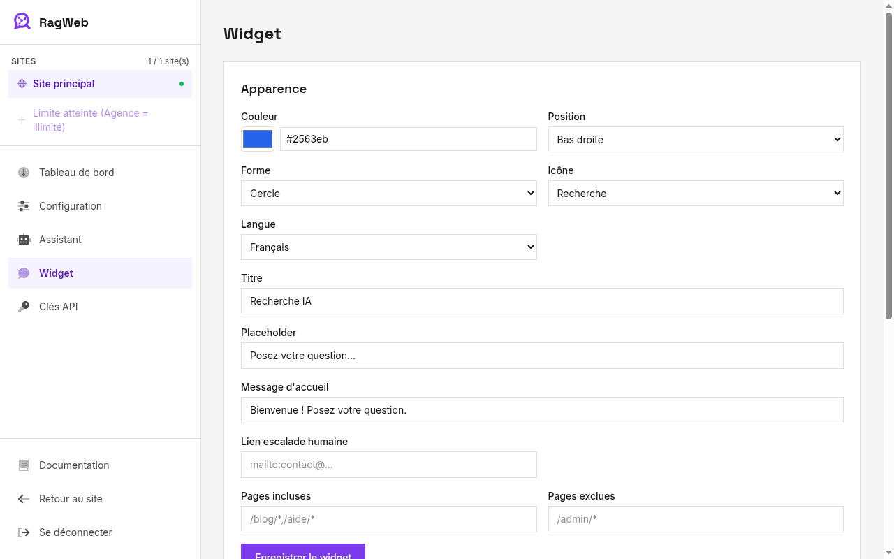 Onglet Widget du dashboard — configurateur visuel du widget