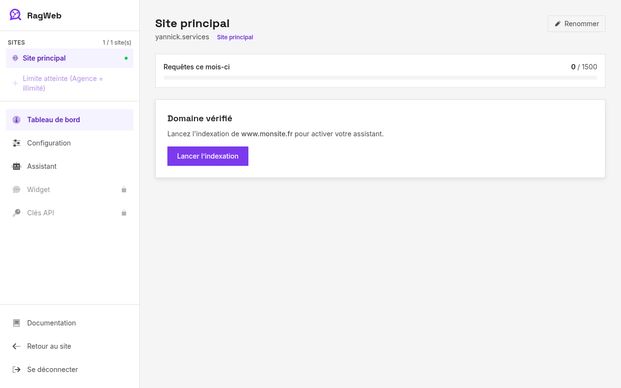 Domaine vérifié dans le dashboard, prêt pour l'indexation