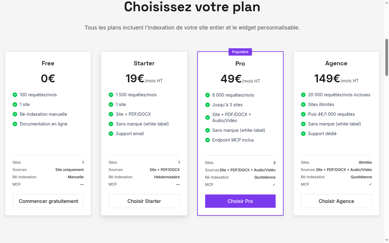 Page des plans RagWeb affichant Free, Starter, Pro et Business