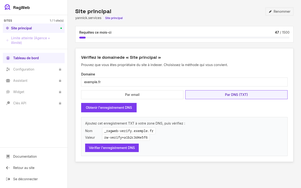 Panneau affichant l'enregistrement DNS TXT à ajouter (nom _ragweb-verify et valeur rw-verify) dans le dashboard RagWeb