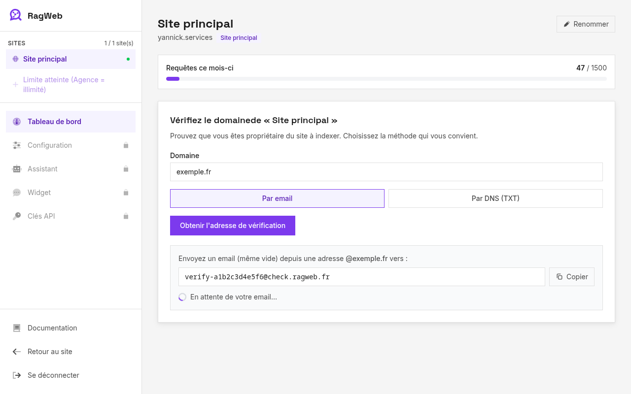 Instructions de vérification par email dans le dashboard RagWeb : adresse unique à contacter et attente de réception