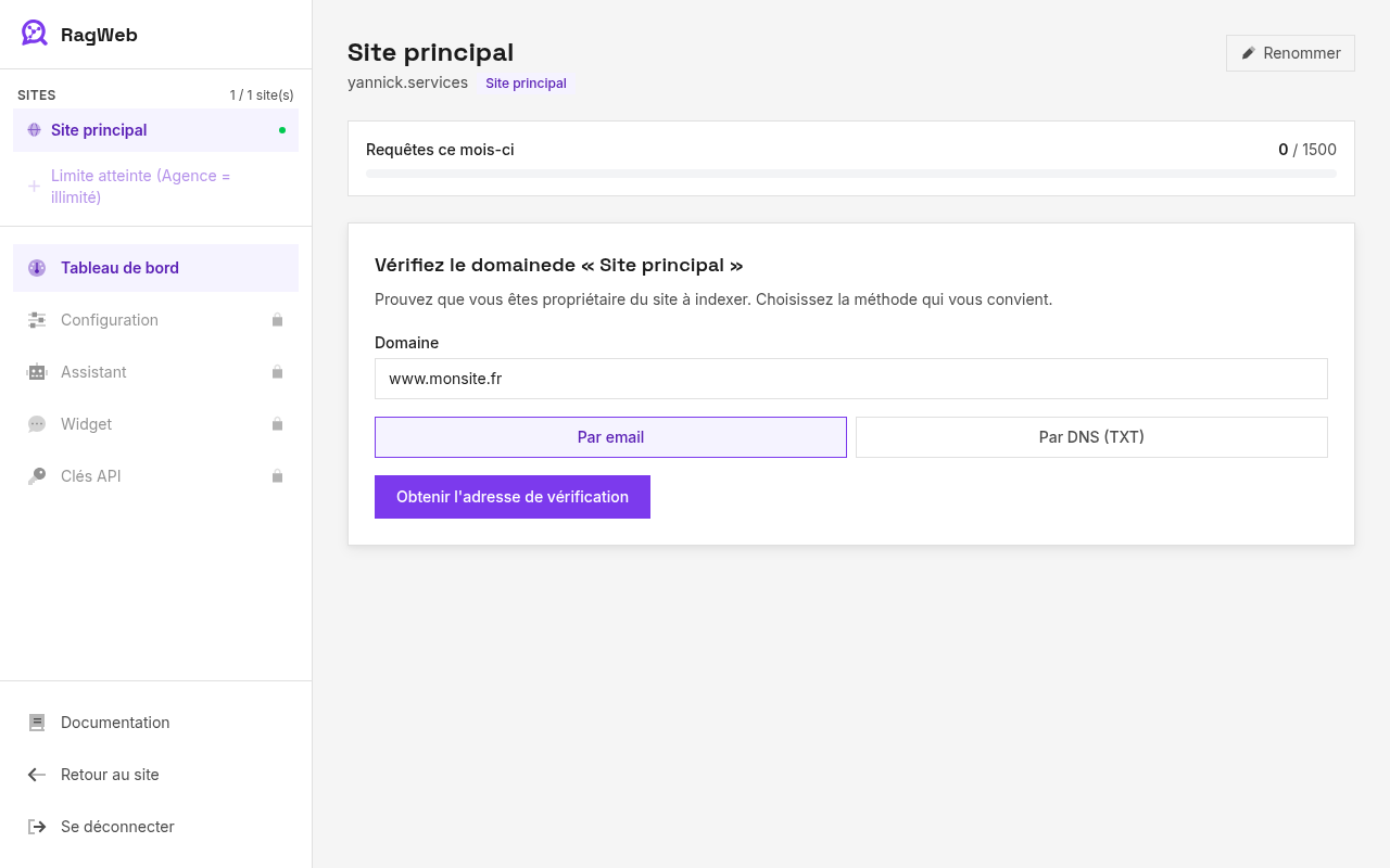 Saisie du domaine à vérifier dans le dashboard RagWeb