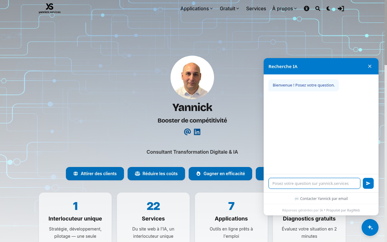 Widget RagWeb ouvert sur un site avec le champ de recherche
